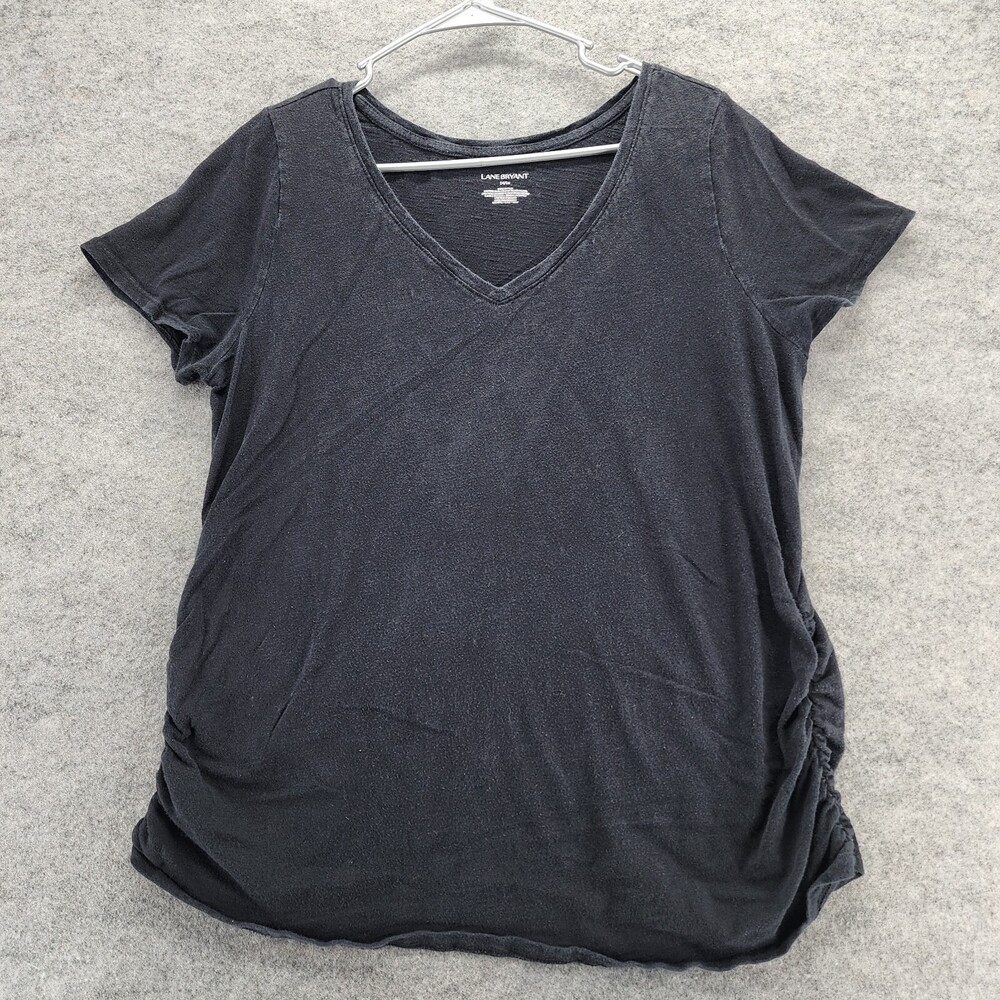 Lane Bryant Shirt Womens 14/16 Short Sleeve Black V Neck Ruched